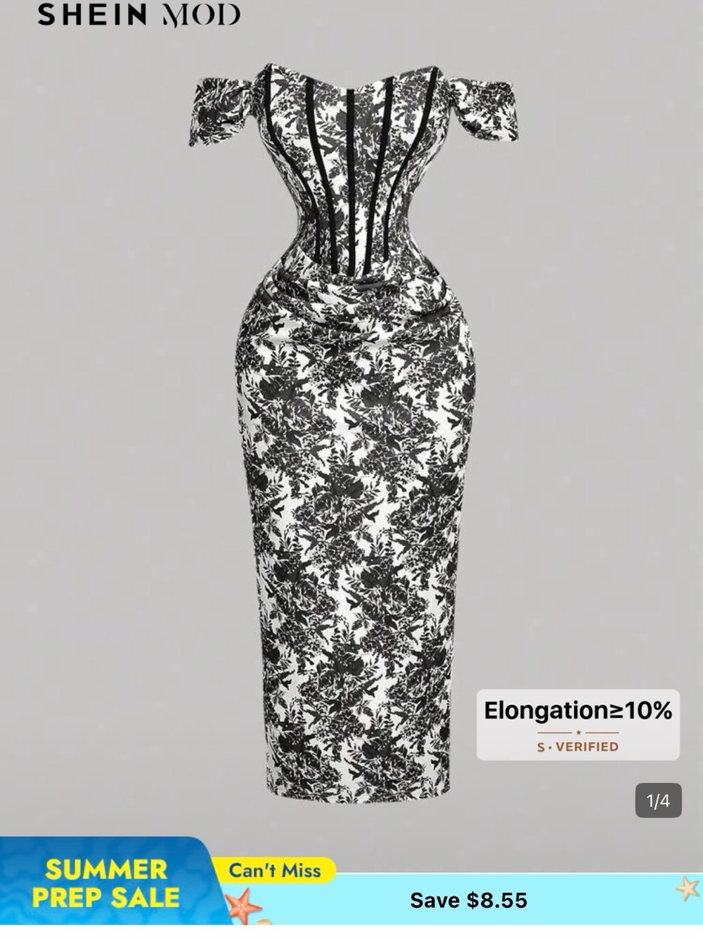 SHEIN Black & White Floral One-Shoulder Corset Midi Dress